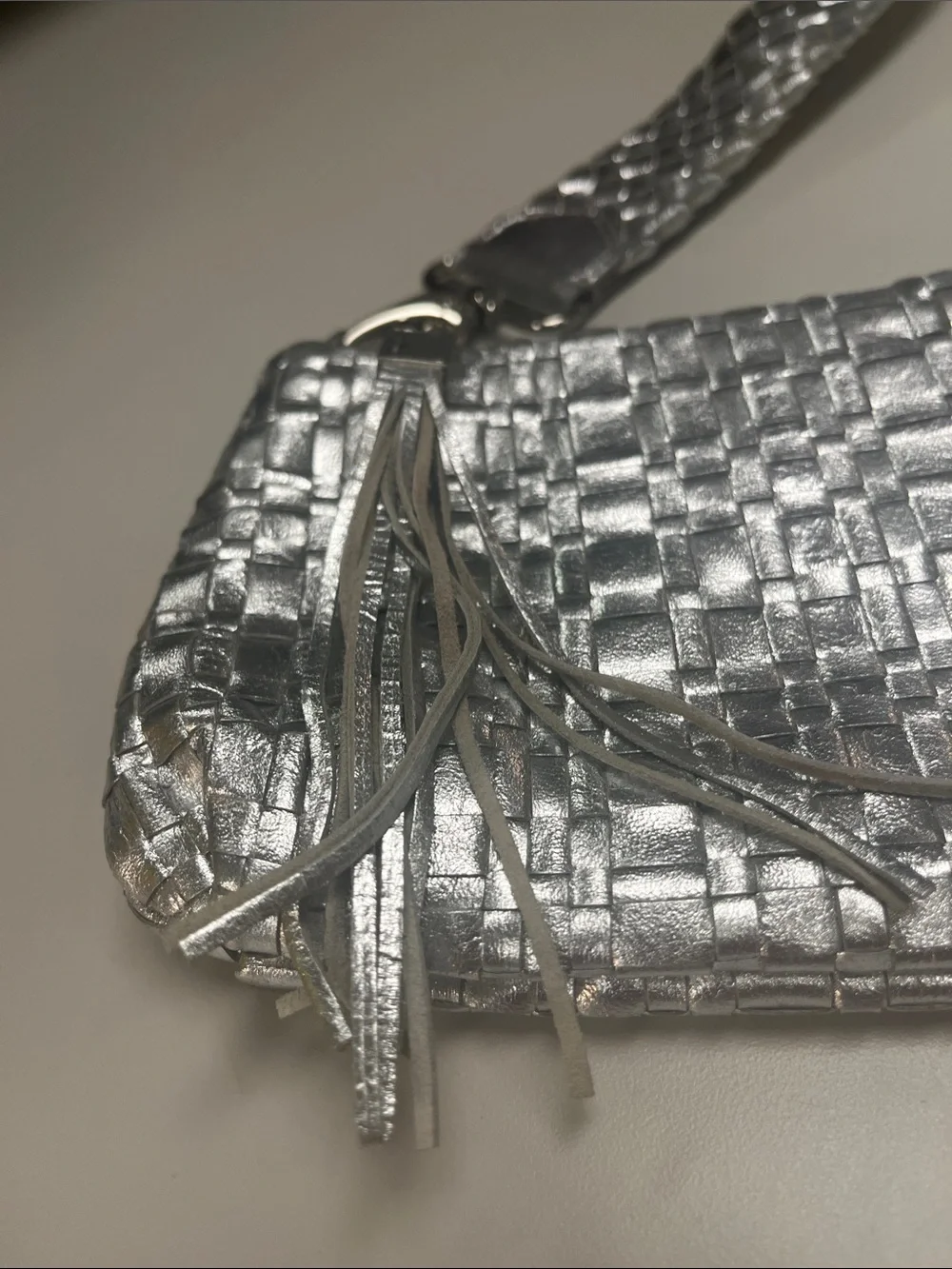 Elliott Lucca Silver Woven Metallic Clutch wTassel Removable Strap